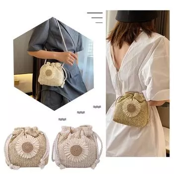 5 шт. Женские соломенные сумки-ведра с цветочным принтом и завязками на плечо(хаки) SN9F