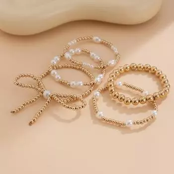 5 шт. женский многослойный браслет с искусственным жемчугом, бант, контрастный цвет, гладкий, регулируемый размер, легкий браслет, набор для вечеринок, повседневных выходов золотистый