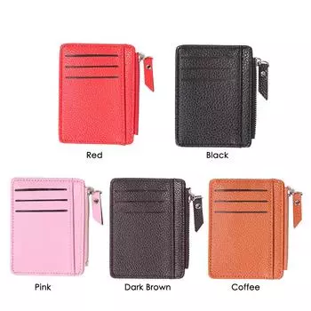 - 5 шт. Женский ретро-кошелек из кожи с застежкой-молнией и узором личи для карточек(черный)