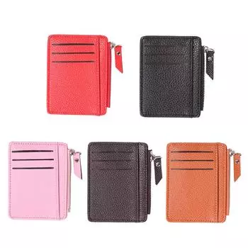 - 5 шт. Женский ретро-кошелек из кожи с застежкой-молнией и узором личи для карточек(черный)