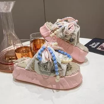 5 см панк-стиль граффити тапочки для женщин толстые подошвы рельефный холст одна линия перетаскивание женские модные кексы для внешней носки 35 зелёный