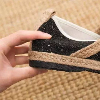 5 см увеличение внутренней высоты женская обувь Xiaoxiangfeng неглубокая горловина одна педаль тканевая обувь танкетка льняная обувь тканевая обувь в этническом стиле 35 чёрный