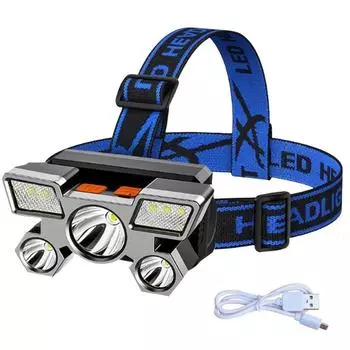 5 светодиодных фонарей, мощная зарядка, яркий фонарик для гарнитуры, зарядка через USB, аккумулятор 18650, суперяркие ночные фонари для рыбалки и горного дела синий