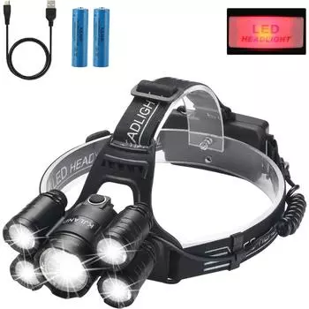 5 светодиодных налобных фонарей, перезаряжаемый мощный налобный фонарь, 2000 люмен, ультра яркий водонепроницаемый масштабируемый уличный фонарь для кемпинга, головной фонарик, головной фонарь 1Head lamp чёрный