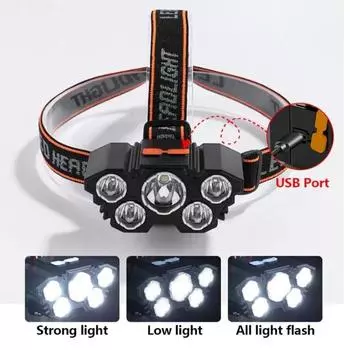 5 светодиодный фонарик, перезаряжаемый со встроенной батареей 18650, мощный светильник для кемпинга, приключений, рыбалки, налобный фонарь чёрный