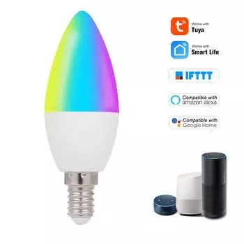 5 Вт E14 RGB + W + C LED Candl Wi-Fi Умная лампочка Светодиодная лампа Приложение работает с Alexa Google Assistant Control Умная лампа для пробуждения Ночной свет белый