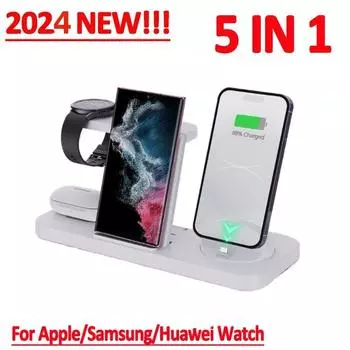 5 в 1, 15 Вт, быстрое беспроводное зарядное устройство, складная зарядная станция для Apple, Samsung Watch, Huawei Watch iPhone 14 13 12 Pro Max AirPods For Apple Watch чёрный