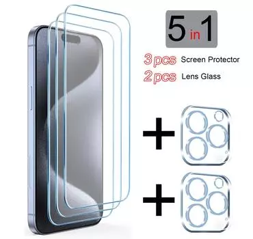5 в 1 3 Защитная пленка для экрана + 2 Защитная пленка для объектива камеры для iPhone 15 Pro Max 14 Plus 13 12 Mini 11 Пленка из закаленного стекла премиум-класса против царапин 5 шт. iPhone 15 Plus белый