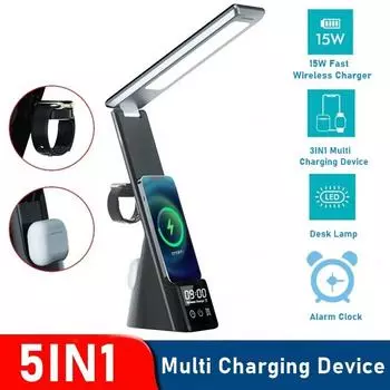 5 в 1 будильник беспроводное зарядное устройство подставка для телефонов с настольной лампой 15 Вт быстрая зарядная станция для Apple Watch AirPods чёрный