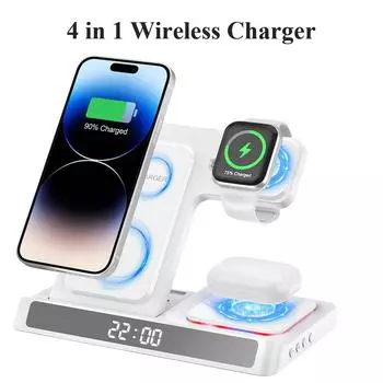 5 в 1 цифровой будильник с беспроводной зарядкой для iPhone 15 14 13 складное зарядное устройство док-станция для Airpods Pro iWatch беспроводное зарядное устройство чёрный
