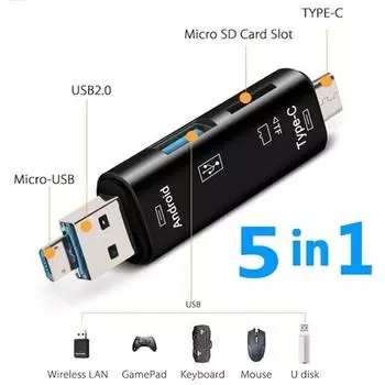 5 в 1 Многофункциональный USB 3.0 Тип C / Usb / Micro Usb / Tf Устройство чтения карт памяти Адаптер для чтения карт OTG