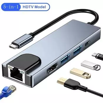 5 в 1 USB C HUB Type C док-станция 4K 30 Гц HDMI-совместимый RJ45 Lan Ethernet разветвитель SD/TF PD 100 Вт адаптер для ноутбука Macbook