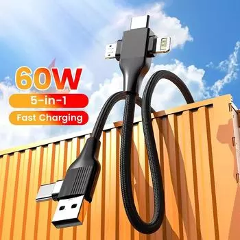 5-в-1 USB C кабель для зарядки Type C провод для зарядки 4 в 1 Usb Type C кабель PD 65 Вт 27 Вт быстрая зарядка для iPhone Samsung Xiaomi 1m