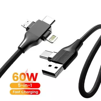 5-в-1 USB C кабель для зарядки Type C провод для зарядки Usb Type C кабель PD 65 Вт 27 Вт быстрая зарядка для iPhone Samsung Xiaomi 1m