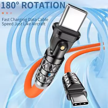 5A 100W 180° вращающийся USB C на Type C кабель для Xiaomi 14 iPhone 15 сверхбыстрая зарядка жидкий силиконовый толстый локтевой шнур для игры 0.3m чёрный