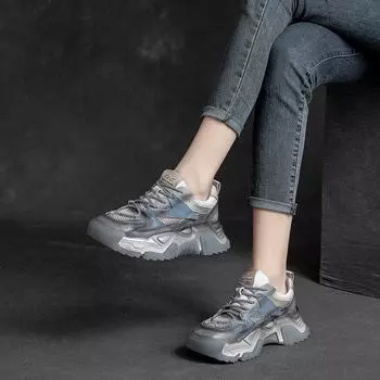 5CM Air Mesh Genuine Leather Chunky Sneaker Flats Booties Autumn Sneaker Women Comfy Spring Summer Mixed Color Ankle Boots Shoes 35