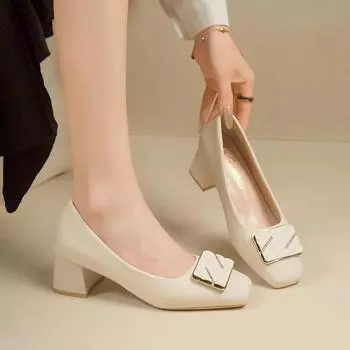 5cm Medium High Heel Shoes Woman Genuine Leather Pumps Square Toe Ladies Metal Buckle Loafers Office Dress Shoes 2024 35 чёрный