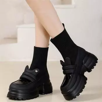 5Cm retro thick-soled high-heeled knitted stretch socks boots versatile and comfortable muffin-bottom short boots women s autumn single boots 2024 35 чёрный