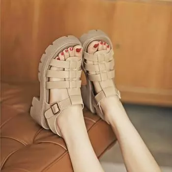 5CM Weave Cow Genuine Leather Summer Fashion Sandals Hook Women Slippers Pumps Platform Wedge Hollow Flats 35