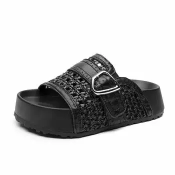 5CM Weave Sheepskin Leather Shoes Hollow Mary Jane Loafer Slippers Platform Wedge Flats Peep Toe Women Breathable Sandals Summer 35