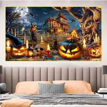 5d Алмазная картина DIY Круглая алмазная живопись Ужасающий Хэллоуин Мультфильм Зло Тыква Призрак Надгробие Дом-призрак Мозаика Искусство Домашнее украшение 100-50cm белый