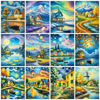 5D Алмазная Картина Дом Река Полный Квадрат Круглый Вышивка Фэнтези Пейзаж Мозаика Домашний Декор Full Round 20x30CM