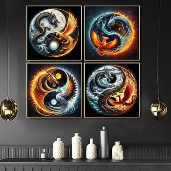 5D Алмазная картина Инь Ян и Дракон Феникс Абстрактная пейзажная мозаика Вышивка крестом Полные круглые сверла Китайский символизм Искусство Современный домашний декор стен 20x20cm