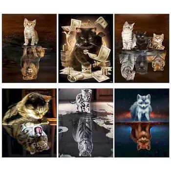 5d Алмазная картина Кошка Отражение Полный дрель Мозаика Пейзаж Круглая Алмазная вышивка Животное Вышивка крестом Full Round 20x30CM