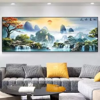 5d Алмазная картина Мозаика Искусство Новая гостиная Вода Генерация денег Пейзаж Алмазная вышивка Полный алмаз Ручная точечная палка Алмазная вышивка крестом 100-50CM белый