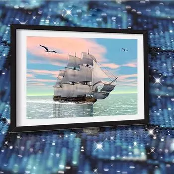5D Алмазная картина Мультфильм Пейзаж Парусник Вышивка крестом Круглая Алмазная мозаика Алмазная вышивка 20X30CM