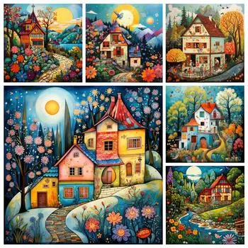 5D Алмазная Картина Новая Коллекция Дом Цветок Дерево Пейзаж Алмазная Вышивка Мозаика Вышивка Крестом Украшение Дома Full Round 20x20CM