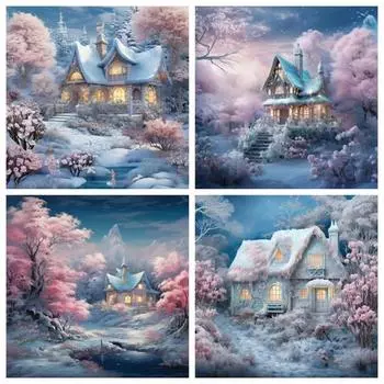 5D Алмазная Картина Новые Поступления Цветущая Вишня Пейзаж Квадрат Круглый Вышитый Мозаика Снежный Дом Ручной Работы Домашний Декор Full Round 20x20CM
