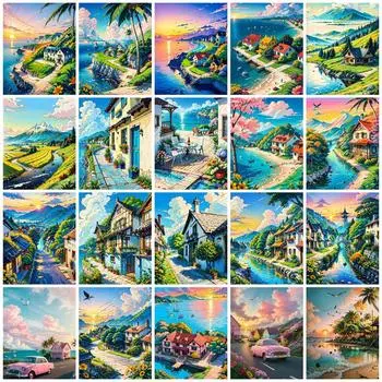 5D Алмазная Картина Новые Поступления Дом на Берегу Моря Полная Квадратная Круглая Вышивка Мозаика Горный Пейзаж Украшение Дома Full Round 20x30CM
