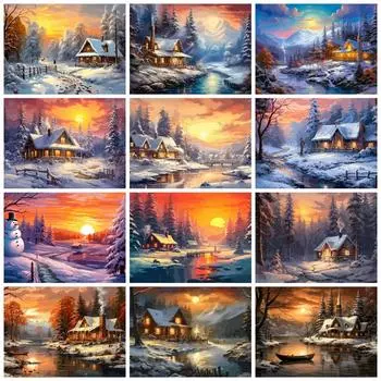5D Алмазная Картина Новые Поступления Дом Зима Полный Квадрат Круглая Вышивка Мозаика Закат Пейзаж Домашний Декор Full Round 20x30CM