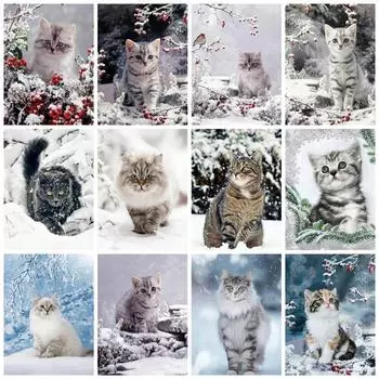 5D Алмазная картина Новые поступления Кошка Снег Полная квадратная/круглая вышивка Животное Зимняя мозаика Домашний декор Full Round 20x30CM