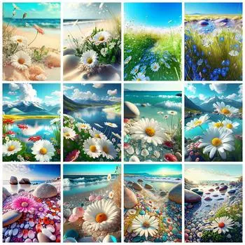 5d Алмазная картина, новый ромашковый пейзаж, домашний декор, квадратная/круглая вышивка, мозаика, цветок, камень, озеро, пейзаж, настенная наклейка Full Round 20x30CM
