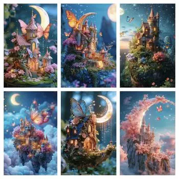 5d Алмазная картина Пейзаж маленького дома под лунным светом Бабочка Мозаика Набор для вышивки крестом Diy Украшение для дома Full Round 20x30CM