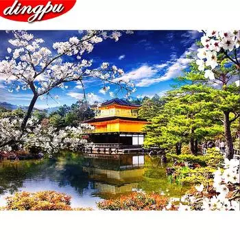 5D Алмазная картина Пейзаж Полный круглый Алмазная вышивка Сакура Мозаика Японская вишня 20X30CM