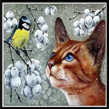5D Алмазная картина Полная Алмазная Кошка И Птица Круглая Алмазная Мозаика Украшение Дома Сделай Сам Ручная Работа 30X30cm