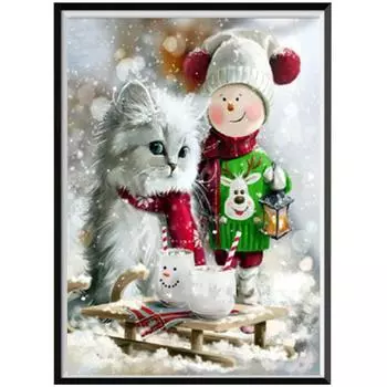 5D Алмазная картина Полный Алмазный Рождественский котенок Круглый Алмазная мозаика Узор Домашнее украшение Diy Ручная работа 30x40cm