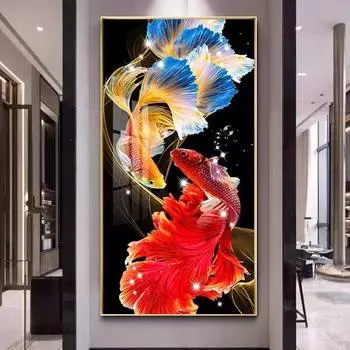 5D Алмазная картина Полный бриллиант Круглый бриллиант DIY Кои Фортуна Крыльцо Пост-арт Украшение дома 100-50CM белый