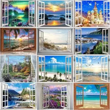 5d Алмазная картина Полный дрель Круглый оконный пейзаж Стразы Алмазная вышивка Продажа Мозаика Домашний декор Full Round 20x30CM