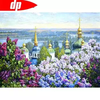 5D Алмазная картина Полный дрель Круглый Сиреневый Алмазная вышивка Пейзаж Изображение Стразы 20X30CM