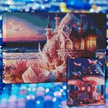 5D Алмазная картина Полный круглый дрель Алмазный грибной дом Приморский дворец Алмазная картина Ручная работа Diy Алмазная мозаика Картина Украшение дома Without a frame розовый