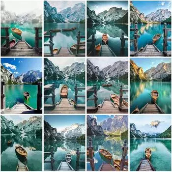 5D Алмазная картина с пейзажем, озеро, лодка, сделай сам, полная круглая дрель, горный пейзаж, алмазная вышивка, комплект, домашний декор, подарок Full Round 15x20CM