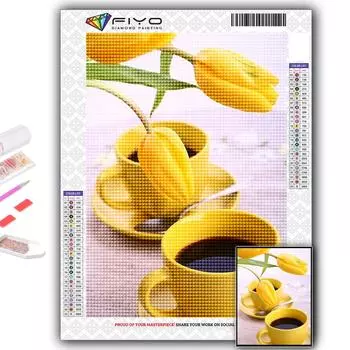 5D Алмазная картина Тюльпаны и кофе DIY Алмазная вышивка Горный хрусталь Домашнее украшение Full Round 20X30CM
