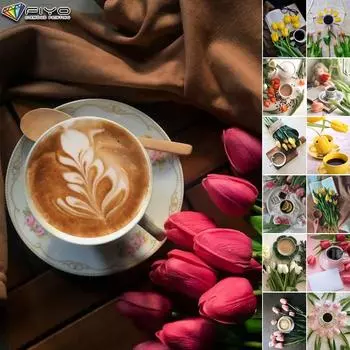 5D Алмазная картина Тюльпаны и кофейная мозаика DIY Алмазная вышивка Горный хрусталь Украшение дома Full Round 20X30CM