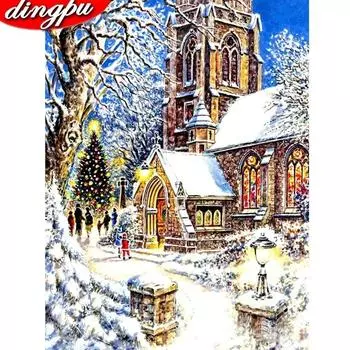 5D Алмазная картина Вышивка крестом Зимний пейзаж Полный круглый вышивка Мозаика Рождественское украшение 20X30CM