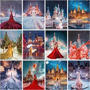 5d Алмазная картина Женщина Полный дрель Круглая алмазная вышивка Замок Пейзаж Ремесло Взрослые Подарочный декор Full Round 20x30CM