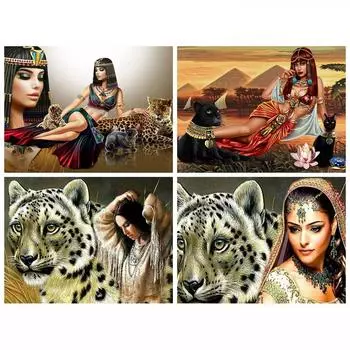 5d Алмазная картина Женщина Животное Алмазная вышивка Продажа Леопардовые картины Стразы Мозаика Ремесло Full Round 20x30CM
